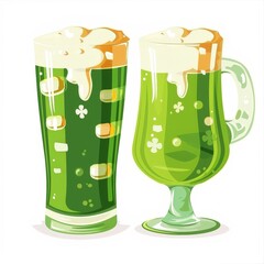 Two green glasses of beer with foam on top