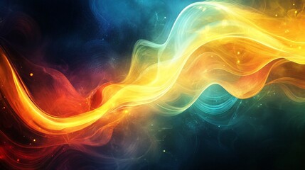 Wall Mural - a vibrant abstract composition with flowing waves of orange, yellow, and blue hues radiating energy 