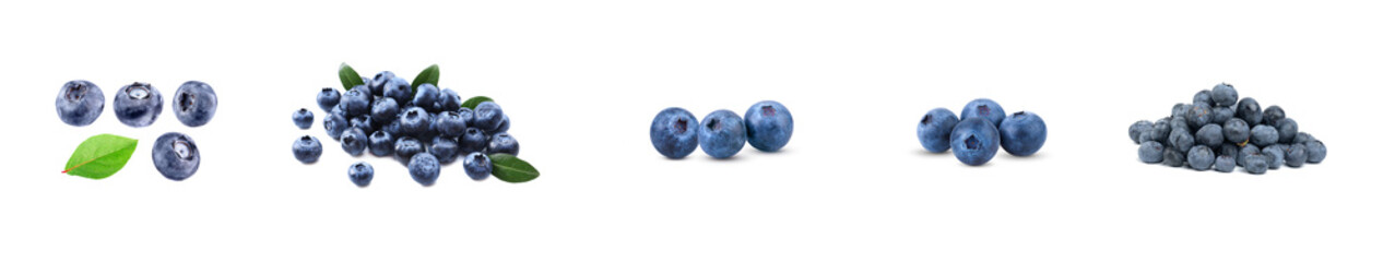 Wall Mural - Fresh Ripe blueberry fruit, isolated White background, bulk set group row asset.