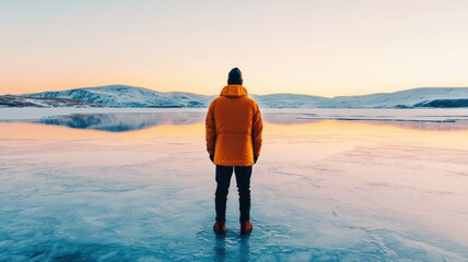 Wall Mural - A lone figure in an orange jacket stands on a frozen lake, gazing at a serene winter landscape and colorful horizon at sunset.