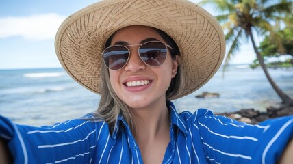 A smiling young woman of Hispanic descent enjoys a sunny beach day, wearing a wide-brimmed straw hat and sunglasses, against a beautiful ocean backdrop.