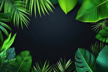 Wall Mural - Green tropical leaves and palm leaves on a dark background, nature concept banner