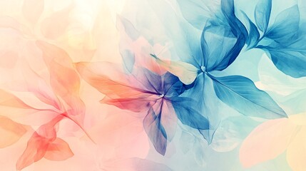 Wall Mural - a vibrant abstract composition of translucent leaves in pastel shades of pink and blue, creating a s
