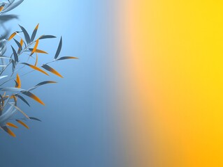 Wall Mural - Serene Blue Yellow Gradient Background with Elegant Bamboo Leaves. AI Generated