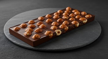 Wall Mural - Delicious dark chocolate hazelnut candy bar.  Scrumptious treat.  Food.