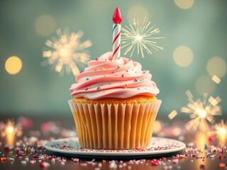 Wall Mural - Birthday cupcake with edible glitter and twinkling sparklers, fun celebrations, sparkling decorations