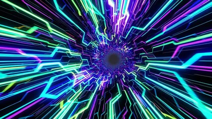 Poster - Colorful digital vortex with geometric light trails, futuristic technology and energy concept