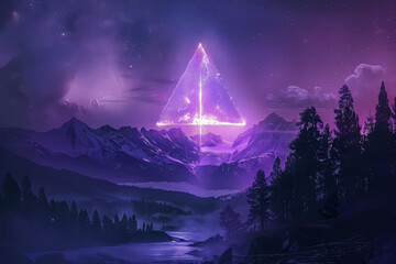Wall Mural - mountain range with a purple pyramid in the middle. the sky is dark and the mountains are covered in