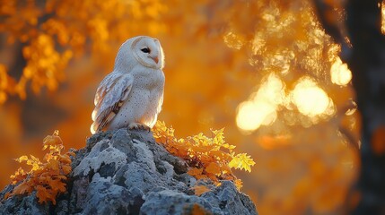 Wall Mural - barn owl perched on rock at sunset, autumn leaves.