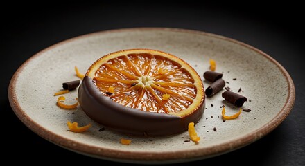 Wall Mural - Gourmet chocolate covered orange slice dessert.  Sweet candied orange zest.