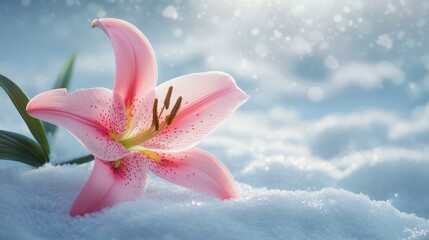 Wall Mural - delicate pink lily resting gently on a serene snow-covered background with soft bokeh light creating