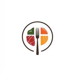 Canvas Print - Food dish with fork logo. Four meal ingredients within a circular frame on plain background