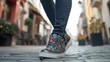 © Giovanni - Stylish slim fit jeans with embroidered details paired with trendy footwear on a vibrant urban street closeup shot