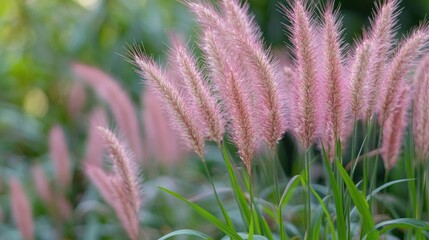 Wall Mural - Delicate pink grass flowers swaying gently in the garden during a serene sunset creating a tranquil and beautiful landscape scene