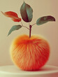 © Femmes.Digital - A vibrant orange apple with a fuzzy texture and colorful leaves displayed on a minimal pedestal. A whimsical and artistic concept.