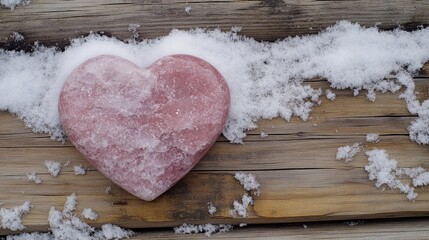 Wall Mural - heart-shaped pink stone on wooden surface surrounded by snow creating a serene winter atmosphere and