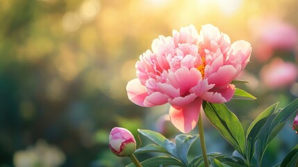 Wall Mural - Soft pink peony blooming in a sunlit garden with a blurred background of green foliage and gentle morning light