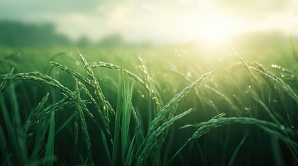 Wall Mural - Vibrant Paddy Green Rice Field Under Soft Morning Light Natural Background