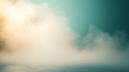 Wall Mural - thin fog softly dispersing into a muted teal and ivory backdrop, brightly illuminated for texture