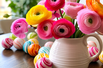 Wall Mural - Colorful ranunculus flowers in a vase beside festive decorated eggs for a spring celebration