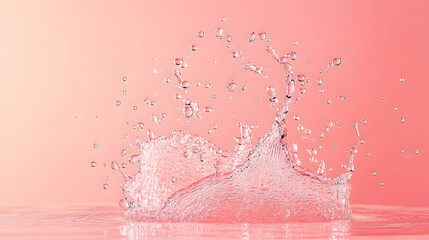 Wall Mural - water droplets forming arcs in mid-air against a gradient coral pink background, captured with high 