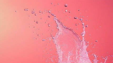 Wall Mural - water droplets forming arcs in mid-air against a gradient coral pink background, captured with high 