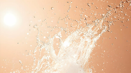 Wall Mural - water spray captured mid-air, creating dynamic motion against a muted peach-colored background, with