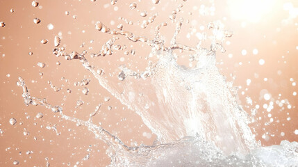 Wall Mural - water spray captured mid-air, creating dynamic motion against a muted peach-colored background, with