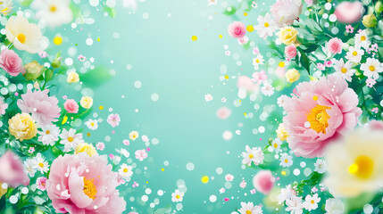 Aufkleber - Colorful floral arrangement with pink peonies and white daisies against a light turquoise background