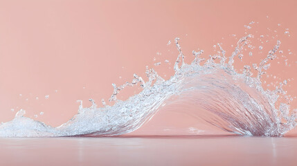 Wall Mural - water spray forming a dynamic arc against a plain light coral background, with high-definition light
