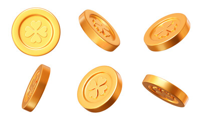3d golden coins set with clover leaves pattern in different angles. st. patrick's day shiny element.