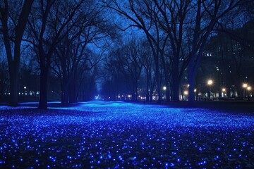 Wall Mural - Blue Lights Illuminate Night Park Pathway Trees