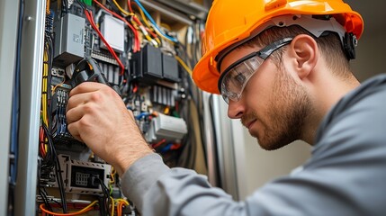 Aufkleber - Electrician in helmet working on circuit board wiring troubleshooting electrical systems : Generative AI
