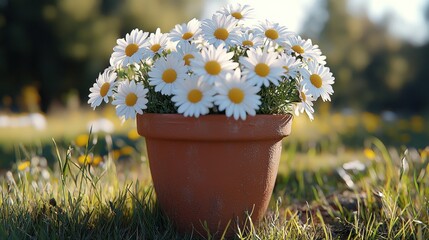 Wall Mural - Daisies in terracotta pot, sunny meadow background