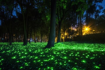 Wall Mural - Enchanting Night Forest Illuminated With Green Lights