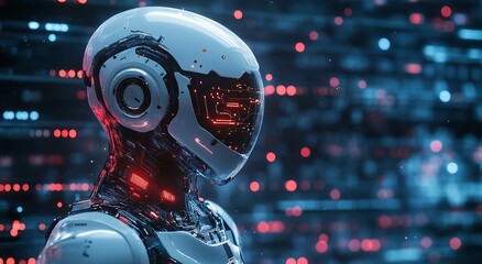 Fototapete - Advanced Robot with Red and Blue Digital Network Background : Generative AI