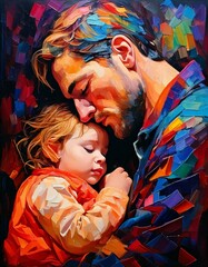 father and kid fatherhood childhood dad girl boy child toddler baby safe safety  Caucasian oil painting modern art isolated colorful abstract  background