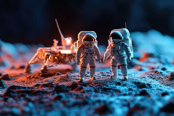 Wall Mural - two astronauts explore a desolate lunar landscape, near a landed spacecraft under dramatic lighting.