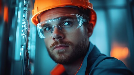 Aufkleber - Focused Young Engineer with Safety Gear Working on Electrical Panel in Industrial Setting : Generative AI
