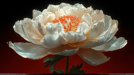 Wall Mural - Close-up of a creamy white peony with orange center against a dark red background.