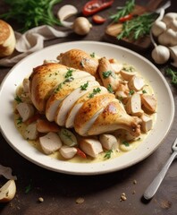 Wall Mural - Chicken served in a rich, savory garlic cream sauce, enticing aroma, creamy sauce, aromatic spices