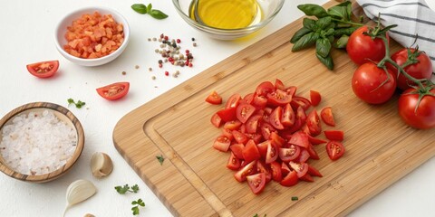 Wall Mural - Chopped tomatoes scattered across a wooden cutting board with other ingredients, wooden chopping board, food arrangement, culinary art, kitchenware, kitchen essentials