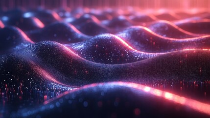 Wall Mural - Abstract glowing red and blue wavy particle background.