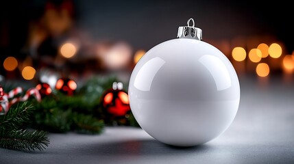 Wall Mural - White Christmas Ornament Gleams Softly Warm Light. AI Generated