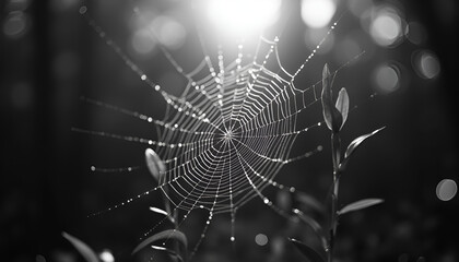 Beautiful black and white spider web glistening with dew drops in nature
