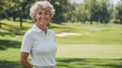 © Philipp - Older Caucasian woman smiling joyfully on a sunny golf course, surrounded by vibrant green grass and scenic nature. Perfect for active lifestyle and recreation themes.