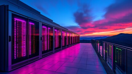 Aufkleber - Modern Data Center with Illuminated Servers at Sunset in Scenic Mountain Location : Generative AI