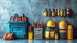 © AZIZAH - Organized collection of construction tools and safety gear against a textured gray wall backdrop