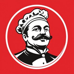 Canvas Print - Chef with mustache, wearing hat and uniform, against red background. Use Food related