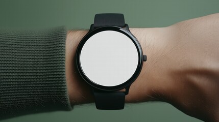 A blank round smart watch on wrist, empty screen smart watch mockup